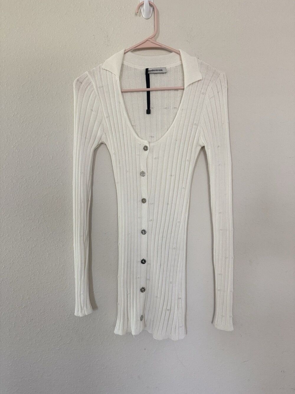 Maniere De Voir Knit Pointelle Mini Collared Sweater Dress Designer Luxury XS